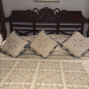 Set of 3 Cream and Blue Quilted Accent Pillows with Elegant Embroidery